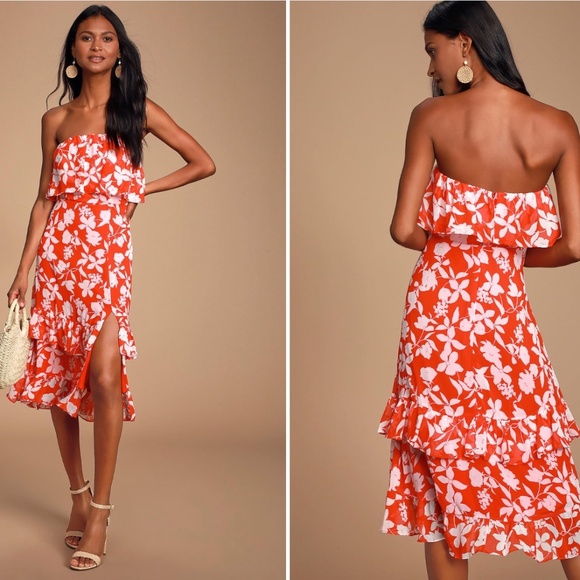 Lulus Paradise Is Waiting Red Floral Print Strapless Midi Dress | Size XS - Picture 1 of 11